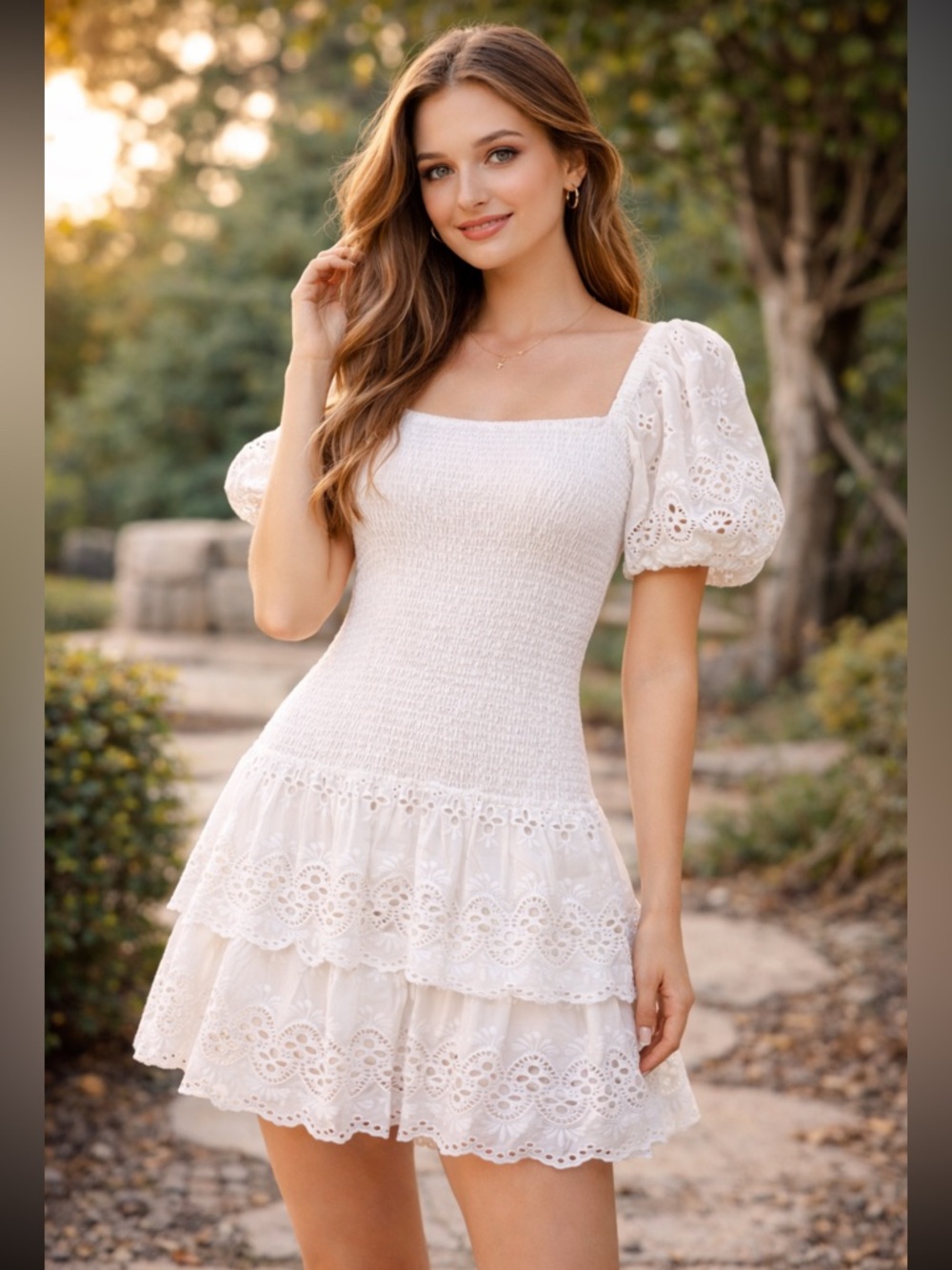 STS SAIL TO SABLE WHITE EYELET PUFF SLEEVE DRESS LARGE SMOCKED